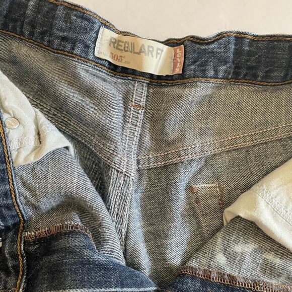 LEVI'S 505 Regular Fit Bleach Smiley Face Denim Jeans Frayed Hem Size 34/30 - Picture 7 of 16